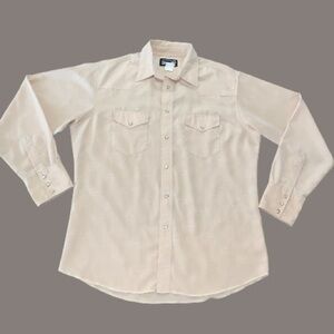 Tan Vintage Wrangler polyester Western /Rodeo Style Shirt with pearl snaps